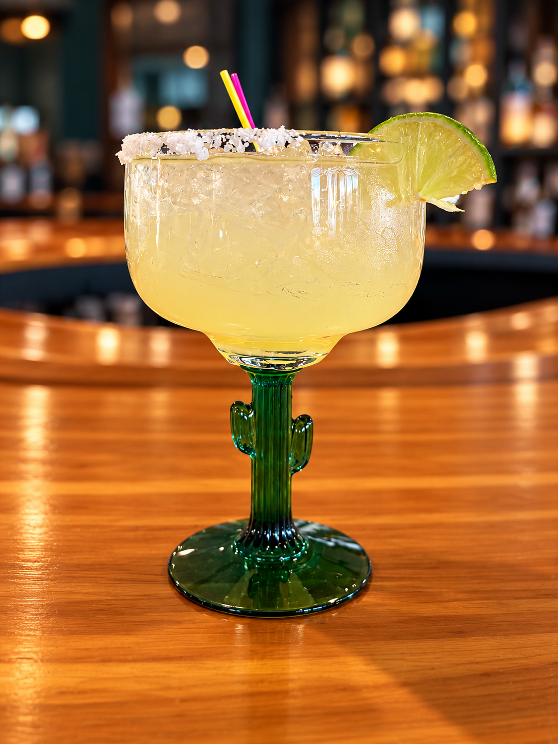 Salt-rimmed Monte Margarita with lime in a green cactus-stem glass